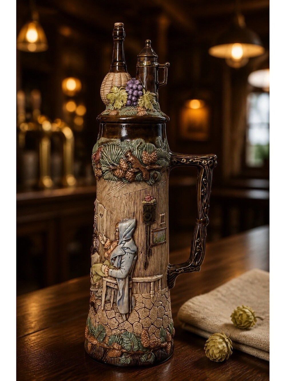 Vintage Ceramic Master Beer Stein Pitcher - Tavern Scene 3D Novelty Lid